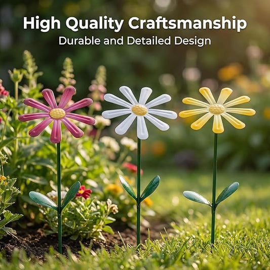 Flower Garden Stake Decor, Outdoor Plant Pick Water Proof Metal Sunflower Daisy Stick for Lawn Yard Patio, Pathway Ornament, Set of 3