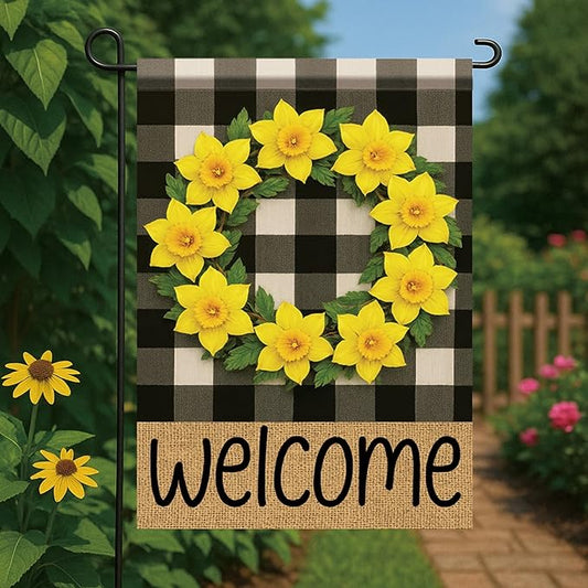 Buffalo Plaid Welcome Wreath Garden Flag Yellow Daffodil Flower Flag 12×18 Inch Double Sided Spring Outdoor Decor Welcome for Porch Patio Lawn Yard Farmhouse Seasonal Outside