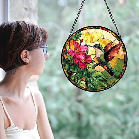 Stained Glass Suncatcher, Hummingbird Red Flowers Green Leaves Sun Catcher Stain Glass Window Hanging Decoration Mother's Day Birthday Gifts for Bird Lover Women Men Mom Nana 6.3 in