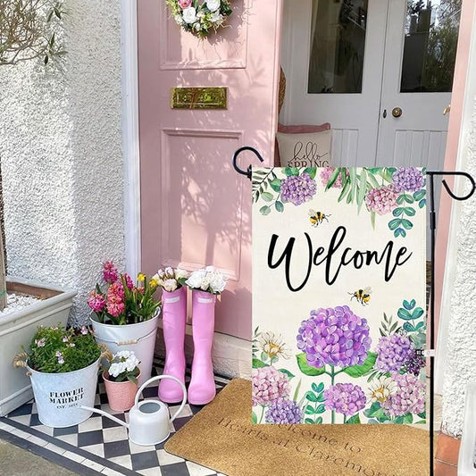 Baccessor Spring Hydrangea Garden Flag Double Sided 12x18 Inch, Summer Purple Flower Floral Welcome Small Yard Flag Burlap Seasonal Farmhouse Yard Outdoor Decoration