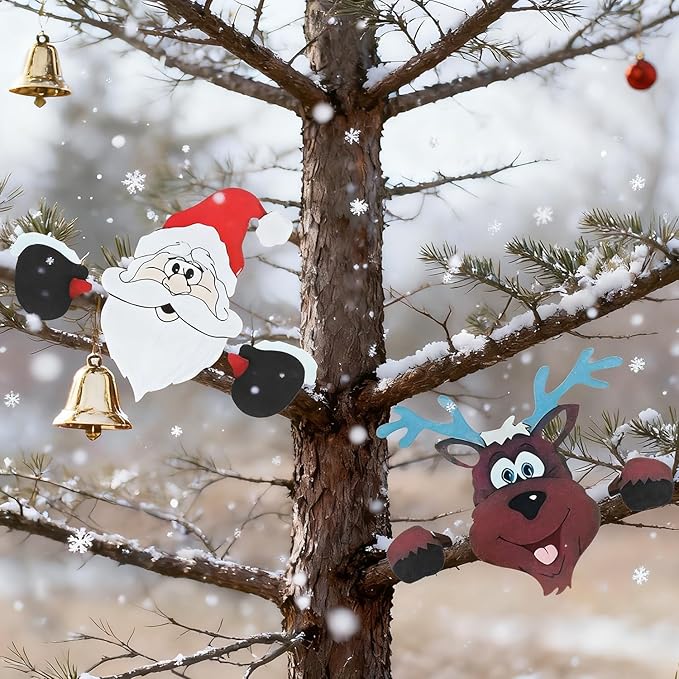 HUYIENO 2pcs Christmas Metal Fence Peeker Decoration Santa & Reindeer Fence Yard Sign Cute Outdoor Christmas Decor for Yards, Patios, Lawn, Pathway, Parking Holiday Decor Art Ornament