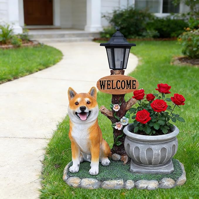 Virubi Sitting Akita Dog Planter Garden Decor with Planter, Loyal Akita Statue Succulent Flower Pot, Weather Resistant Outdoor Ornament for Patio Garden Path Porch Backyard