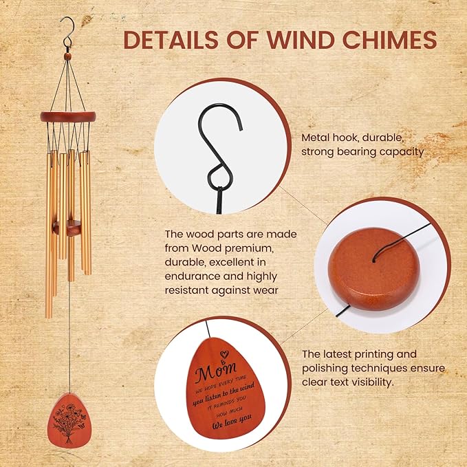 Moms Wind Chimes – Windchimes for Home & Garden, Mother's Day Birthday Gift from Daughter & Son, Valentines Day Gift Ideas for Mom