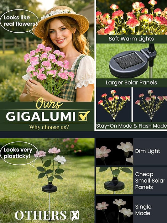 GIGALUMI Solar Lights Outdoor for Garden Decor, 4 Pack Solar Flower Lights Waterproof, 2 Lighting Modes 28 Carnations for Pathway,Yard, Patio Decoration, Gardening Gifts for Women (Pink)