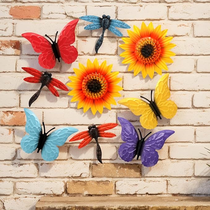 Pumtus 9 Pack Metal Sunflowers Wall Decor, Garden Flower Wall Art Decorations, Outdoor Butterfly Dragonfly Hanging Patio Decor, Yard Floral Fence Sculptures for Indoor Outside Living Room Bedroom