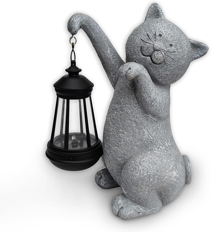 Cat Solar Garden Statues,Resin Cat Figurine Decorations with Solar Lights Lantern, Outdoor๏ผStatue Decor Art for Lawn,Yard,Unique Housewarming Gift for Garden Home
