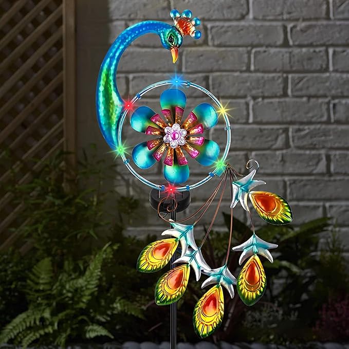 Wind Spinners Outdoor for Yard and Garden - Wind Sculptures & Spinners - 41 Inch Wind Spinner with Solar Powered Multi-Color Light for Yard Garden Backyard Lawn Peacock Decorations