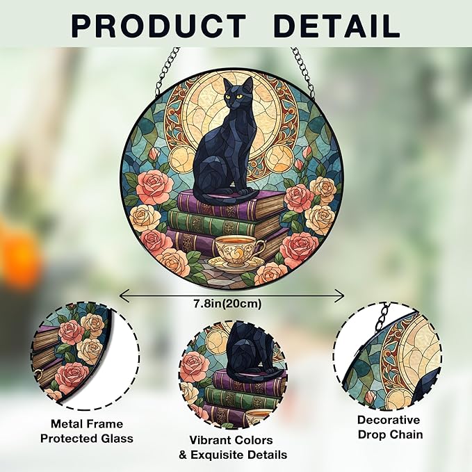 Black Cat Floral Book Stained Glass Window Hanging, Black cat suncatcher,Beautiful Flowers Book Lovers Stained Glass Suncatcher, Book Reader Gifts Round Wall Hanging Decor, 7.9x7.9in