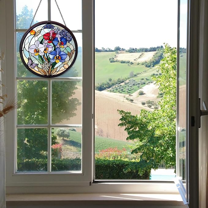 Family Birth Flowers Stained Glass Window Hanging Flower Sun Catcher Decor Birthday Gifts for Women Christmas Suncatchers for Home Windows Hanging Decoration, 7.87inch