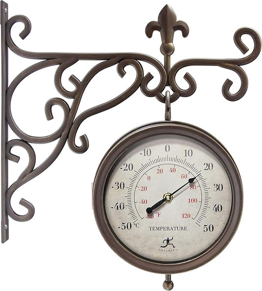 Infinity Instruments Beauregard 8 inch Outdoor Clock Thermometer Combo for Patio Porch Garden Outdoor Decorative Double-Sided Resin Clock Thermometer Wall Hanging with Bracket