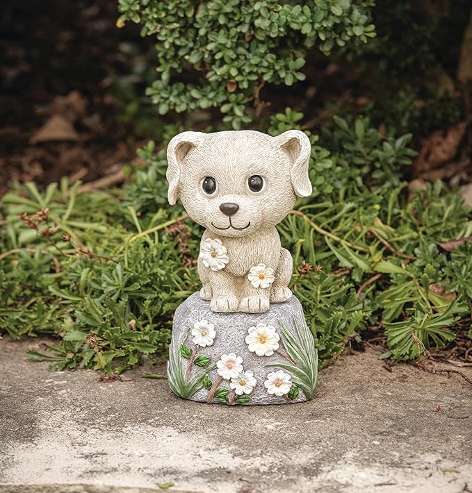 Roman 7.5” Cute Puppy on a Rock Garden Statue – Outdoor Figurine – Dog Lover Yard Decor, Lawn or Patio Accent for Garden