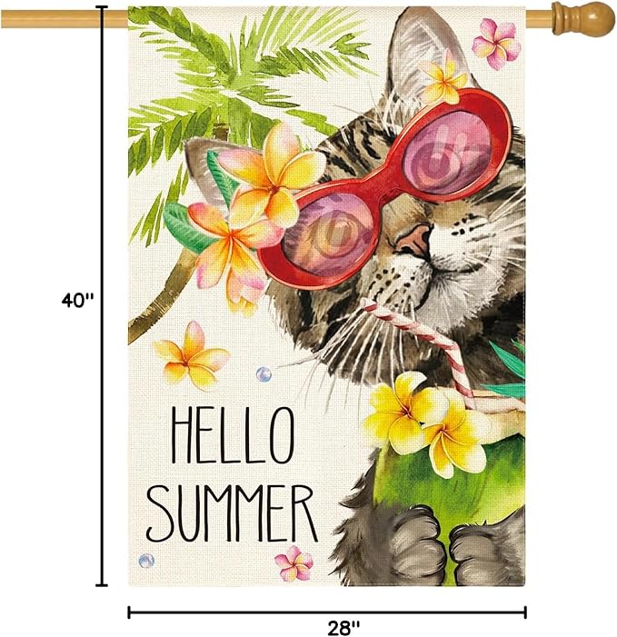 AVOIN colorlife Hello Summer Floral Cat House Flag 28x40 Inch Double Sided Outside, Party Holiday Burlap Yard Outdoor Decoration