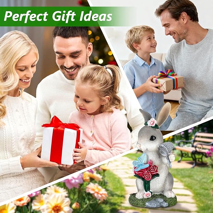 Solar Garden Decor Rabbit with Butterfly Statues Outdoor, Outdoor Figurine Statue Lights, Outdoor Garden Yard Lawn Patio Decoration, Unique House Warming Birthday Present for Women Family