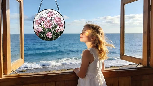 Stained Glass Window Hanging - Blooming Pink Peonies 6.3 Inches Suncatcher for Garden Home Decor for Women Mon Grandma Friends