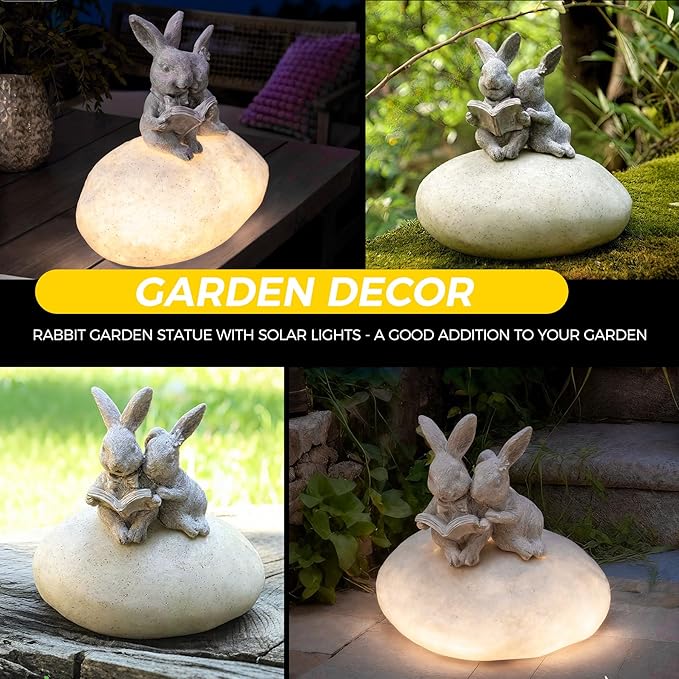 Solar Bunny Garden Statue with LED Light โ Cute Solar Garden Decor Outdoor Rabbit Statue for Patio Yard Backyard Lawn, Bunny Decor Garden Statues, Easter Rabbit Gifts-Stone