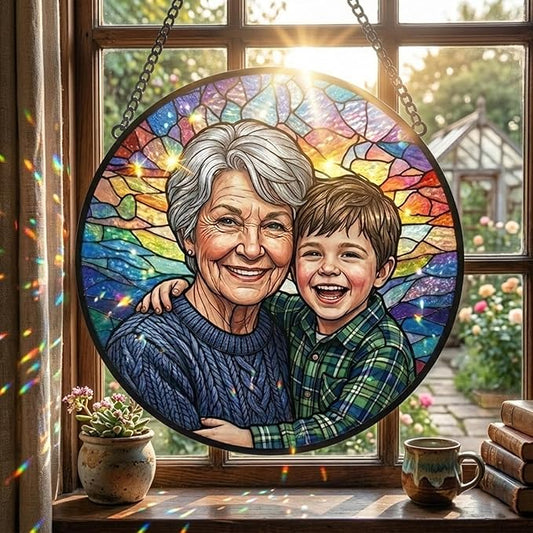 Personalized Stained Glass Suncatcher, Custom Photo Suncatcher for Grandma, Colorful Window Decor, Window Hanging Ornament, Ideal Gift for Mom, Grandma, Mother’s Day, Birthdays