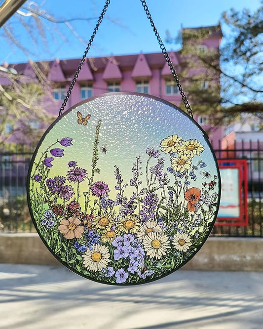 Stained Glass Window Hanging Suncatcher - 20cm Wildflower Meadow Sun Catchers for Windows Doors Home Decor - Nana Grandma Women Gifts for Mother's Day Birthday