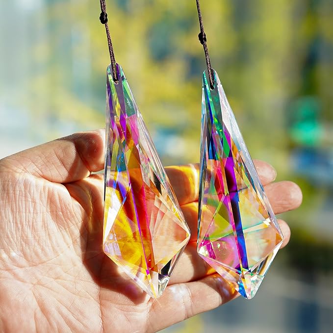 H&D HYALINE & DORA 4.7" AB Coating Crystal Horns Prisms Suncatchers for Windows,Set of 2 Rainbow Maker Hanging Prisms for Wedding Party Christmas Tree Garlands Decoration