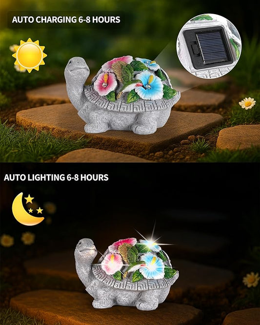 GoGnome Solar Turtle Figurine Lights with Hummingbird Flower 5.5-inch – Garden Statue for Outdoor Yard Decorations, Lawn Ornaments, Balcony Decor – Ideal Gift for All Occasions (Turtle)