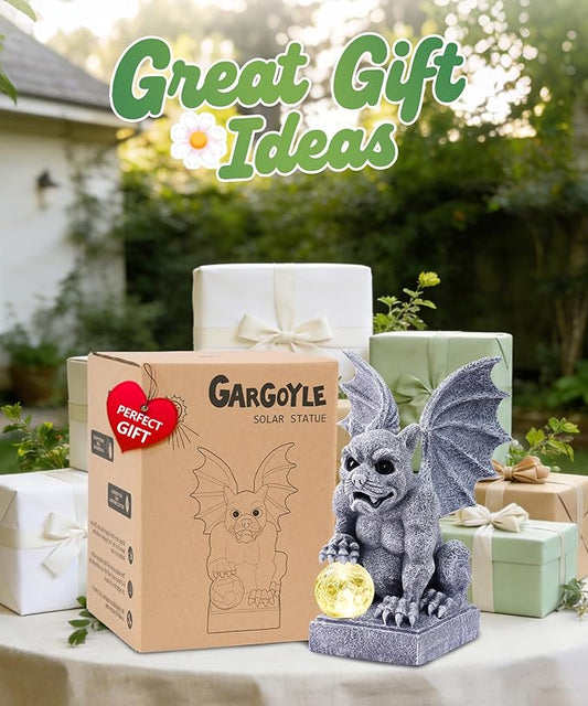 Nacome Solar Gothic Gargoyle Garden Statue: Outdoor Dragon Decor Sculpture with Ball Lights for Yard Art Porch Patio - Unique Birthday Gifts for Women Mom