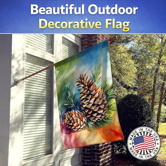 Caroline's Treasures Maine White Pine Cone and Tassels in Watercolor House Flag Large Porch Sleeve Pole Decorative Outside Yard Banner Artwork Wall Hanging, Polyester, House Size, Multicolor