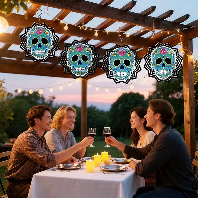 8 Inch Sublimation Wind Spinner, 3D Aluminum Metal Wind Spinner with Hook, Indoor Yard Garden Hanging Decoration, Weather Resistant Rotating Spiral Ornament, Colorful Sugar Skull