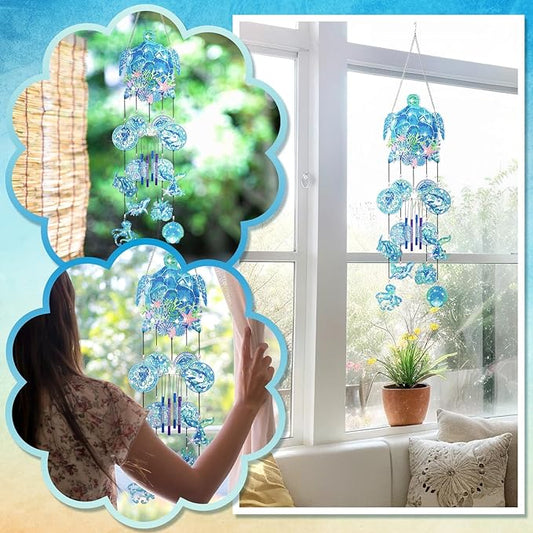GlikCeil Beach Wind Chimes Diamond Art Wind Chimes Suncatchers Beach Diamond Art Kits with Crystal Pendant Hanging Ornament for Home Garden Patio Backyard Decor(Blue)