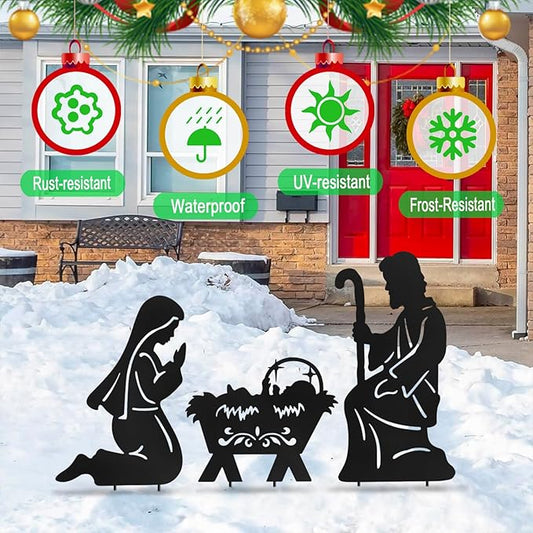Nativity Silhouette Outdoor,Black Silhouette Nativity Scene for Yard Stake,Set of 3 Christmas Ornaments for Outside