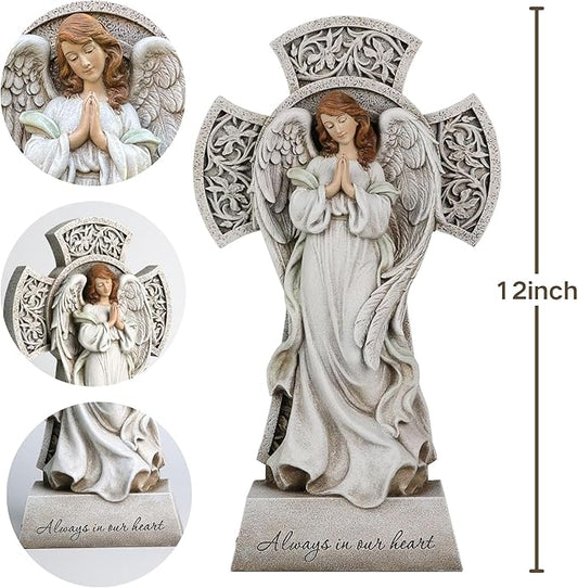 Memorial Angel Statue with Cross, 12 Inch Remembrance Angel for Loved One, Graveside or Home Sympathy Decor, Handwriting-Friendly Base