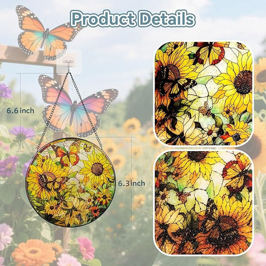 Suncatcher Stained Glass Window Hanging - Sunflower Glass Panel with Metal Chain and Hooks Handmade Sun Catcher Decoration for Window Garden Home Christmas & Birthday Gifts (6.3 Inch)