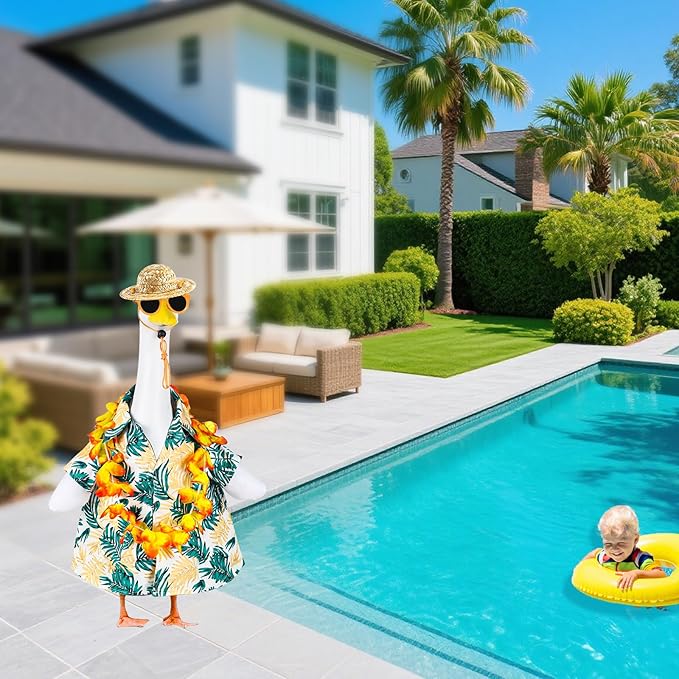 Hawaiian Porch Goose Outfits, 23" Goose Statue Hawaiian Costume Summer Porch Goose Outfits, Durable Hawaii Skirt Lawn Goose Clothes with Hat Glasses, Outdoor Yard Patio Garden Holiday Decor