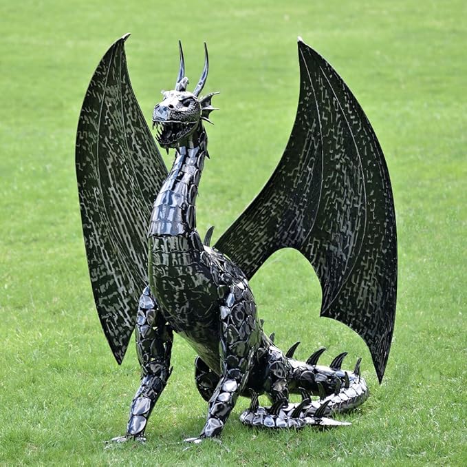 Zaer Ltd. 4.5ft Tall Large Metal Dragon Statue Decoration (for Outdoor or Indoor use) (Tail Laying on Side)