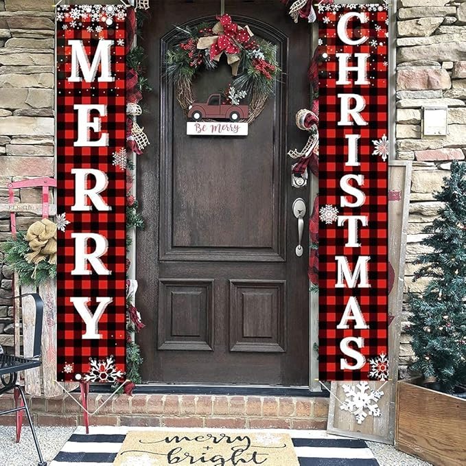 Ivenf Christmas Decorations Outdoor Yard Front Porch Sign Set, Red Black Buffalo Plaid Door Banner, Hanging Merry Christmas Decorations for Home, Indoor Outdoor Xmas Decor Wall Front Door Yard Garage