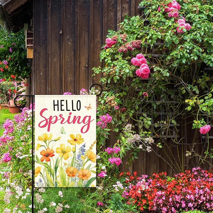 Hello Spring Garden Flag for Outside,Yellow Floral Garden Flag,Spring Flowers Yard Lawn Porch Flags for Outdoor Decorations 12x18 Inch Double Sided