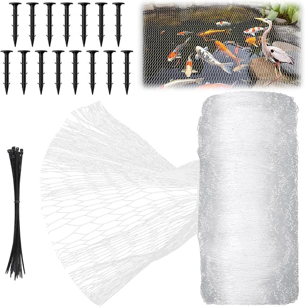 Koi Pond Netting Kit 14 x 14ft, Bird Deer Fence Netting, Durable Net Cover for Leaves, Heavy Duty Fine Mesh, Protect Fish from Birds, Cats & Predators, 15pcs Stakes & Ties Included(White)