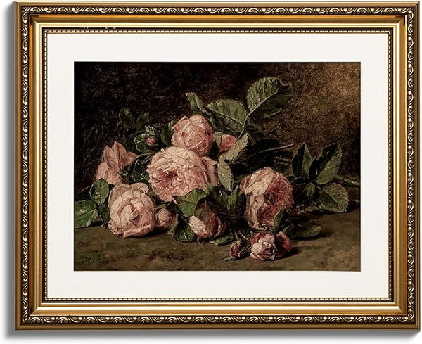 ARPEOTCY Vintage Gold Framed Wall Art, Retro Still life Pink Roses Canvas Prints Artwork with Antique Frame, Victorian Wall Paintings Decor for Living Room Gallery, 13x16 inch