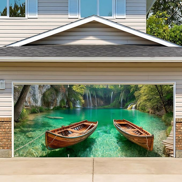 13x6 ft Serene Canoe Lake Garage Door Banner - Calm Forest Reflection Backdrop, Hanging Garage Decorations - for Fall Thanksgiving Family Gathering Background, Rustic Outdoor Wall Sign