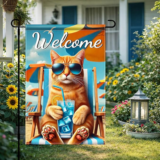 HOMETITUTE Hello Summer Beach Orange Cat Garden Flag 12×18 Inch Double Sided Summer Coastal Seasonal Tropical Pool Yard Flag Summer Cat Garden Flags Tropical Ocean Sea Outside Outdoor House Decoration
