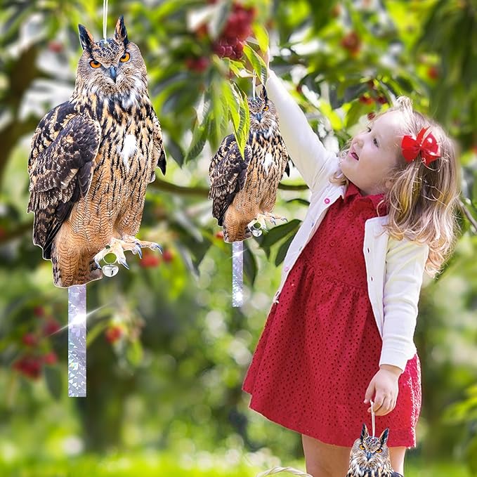 Owls to Keep Birds Away: 2 Pack Fake Owls with Reflective Tape for Garden Patio, Bird Scare Reflective Hanging Decoration to Keep Birds Pigeon from Windows Tree Garden
