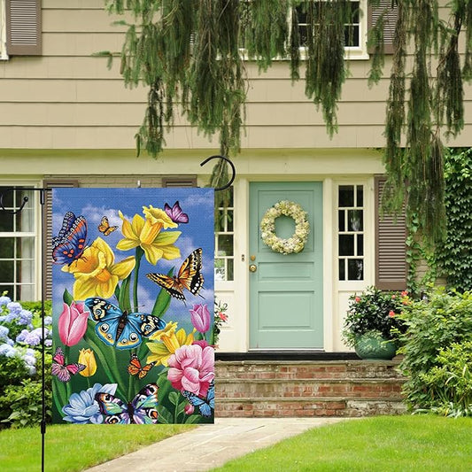 Louise Maelys Spring Daffodil Garden Flag 12x18 Double Sided, Burlap Small Butterfly Floral Flower Welcome Yard House Outside Outdoor Summer Decoration