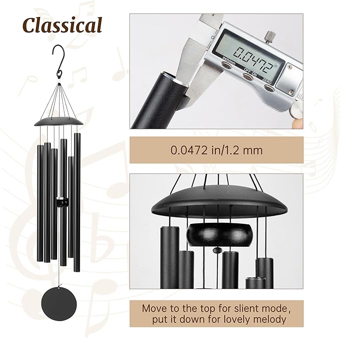 Wind Chimes for Outside with Classic Sound, Coolest Aluminium Metal Windchimes Outdoors with Pine Wood Striker, Unique Gift for Mom, Garden Decoration(32" Black Thick)