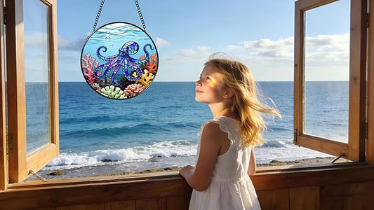 Stained Glass Window Hanging - The Blue Octopus is Foraging in The Coral 6.3 Inches Suncatcher for Garden Home Decor for Women Mon Grandma Friends