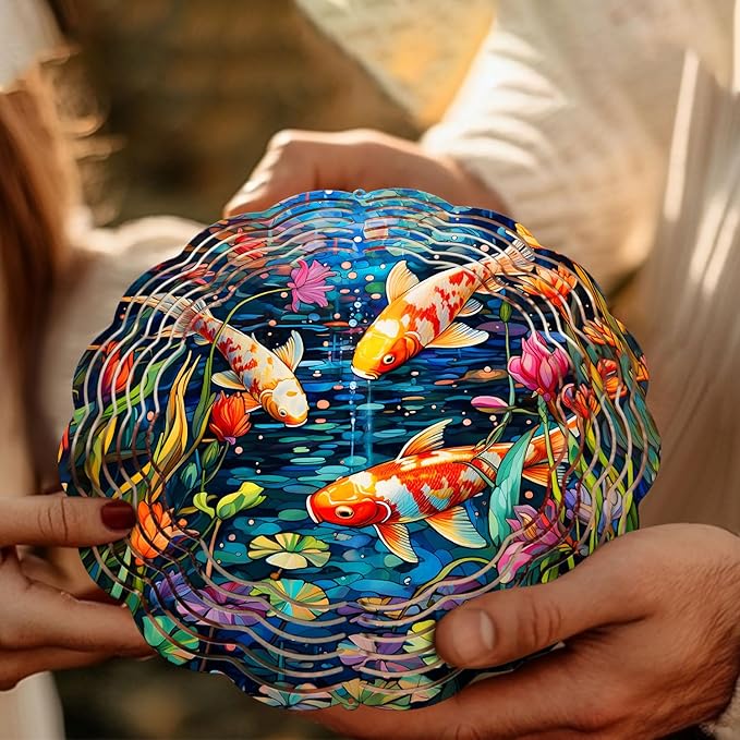 Koi Fish Wind Spinner, Koi Fish Stained Glass Wind Spinner, Wind Sculpture Koi Fish Wind Spinners for Garden Patio Yard Decor
