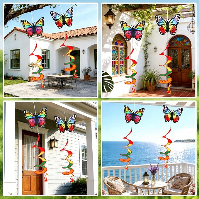 NOVWANG 2 Pack Rainbow Wind Spinners Outdoor, Butterfly Garden Wind Hanging Streamers Decor with Rotating Hook Ribbon Windsock for Patio Yard and Pride Month Celebration Decoration