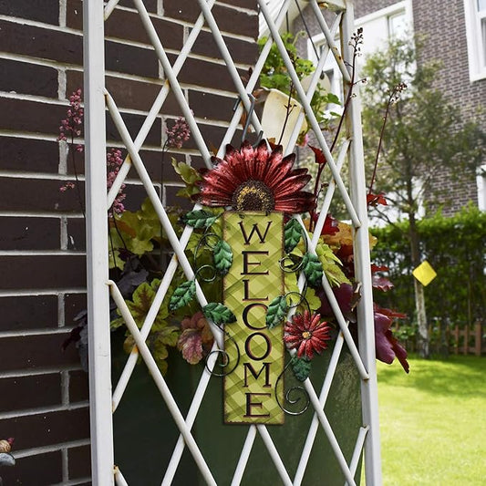 Metal Welcome Sign Hanging Flower Signs Wreath Decor - Rustic Decorative Door Hanger Indoor Outdoor Spring Decoration for Front Door Porch Wall (Red)