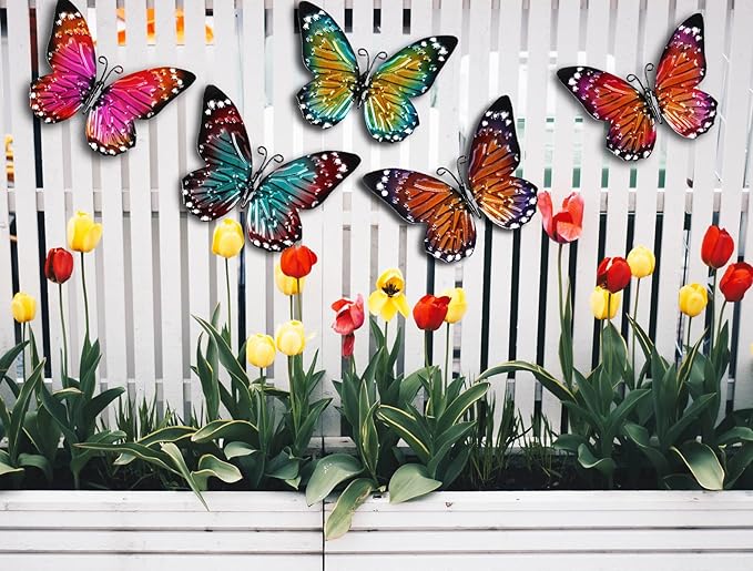 5 Pcs Metal Butterfies Fence Yard Art Garden Decor, 6.5" Butterfly for Outdoor Patio Backyard Balcony Sculpture, Colorful in Bulk