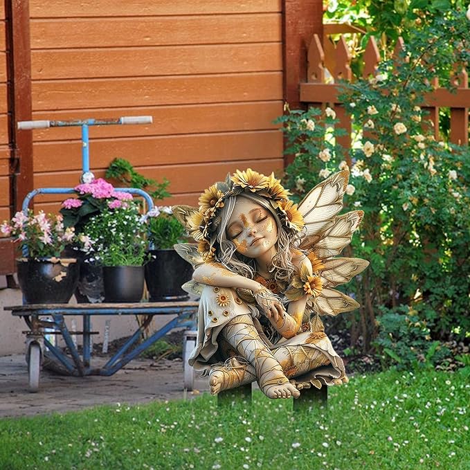 Flower Fairy Garden Stake Decor, 2D Flat Acrylic Elf Garden Sign with Stake, Fairy with Magic Sign for Indoor Outdoor Yard Lawn Balcony Pot Plants (Sunflower Fairy)