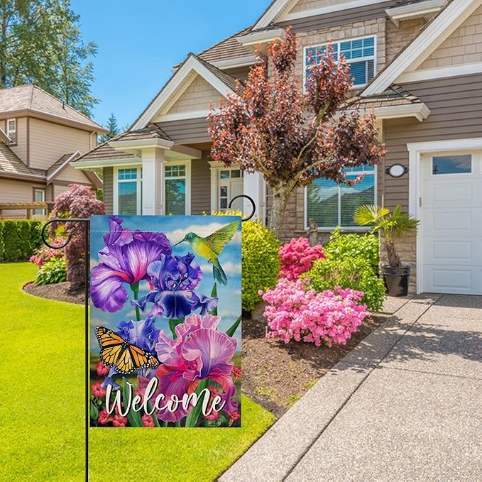 Hzppyz Welcome Spring Hummingbird Iris Garden Flag Double Sided, Purple Flower Bird Yellow Butterfly Decorative House Yard Outdoor Small Decor, Summer Floral Arrangement Home Outside Decoration 12x18