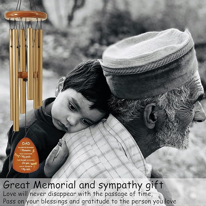 Dad Memorial Sympathy Wind Chimes for Outside, Dragonfly Wind Chimes for Loss of Father for Bereavement/Condolence/Funerary Gift Idea,32inch Wooden,Brown
