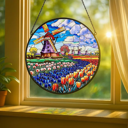 Stained Glass Window Hanging - 7.8in Windmill and Tulips Flowers Field Sun Catchers Indoor Stained Glass Panels Wall Decor for Mom,Wife,Lovers,Festive